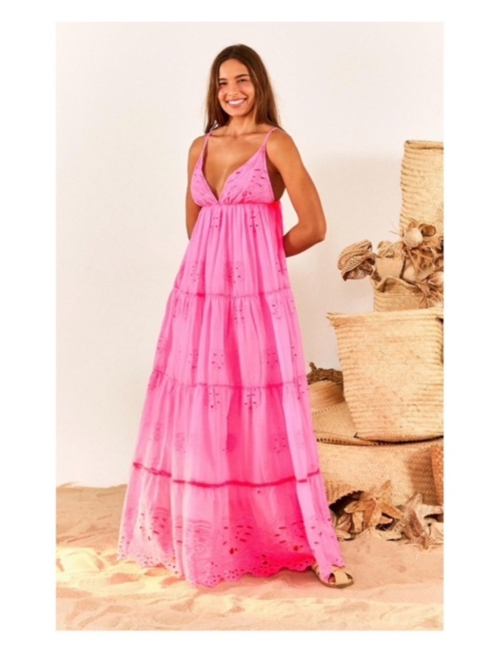 NWT Farm Rio Pink Tiered Eyelet Maxi Dress - XL Women